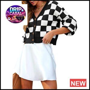 V Neck Cable Knit Cropped Cardigan Button Down Long Sleeve Checkered Y2K